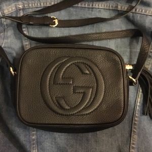 Small black leather Gucci tassel bag purse